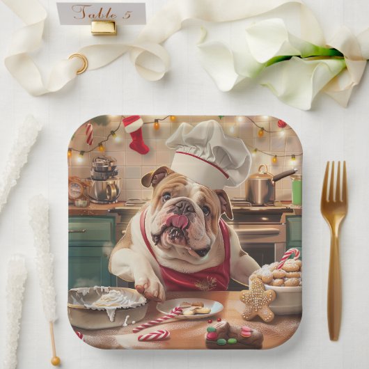 Engelse Bulldog Holiday Baking: Feestelijke Kerst Papieren Bordje (Huwelijk)