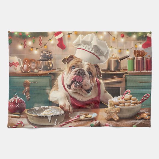 Engelse Bulldog Holiday Baking: Feestelijke Kerst Theedoek (Horizontaal)