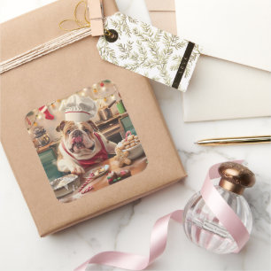 Engelse Bulldog Holiday Baking: Feestelijke Kerst Vierkante Sticker