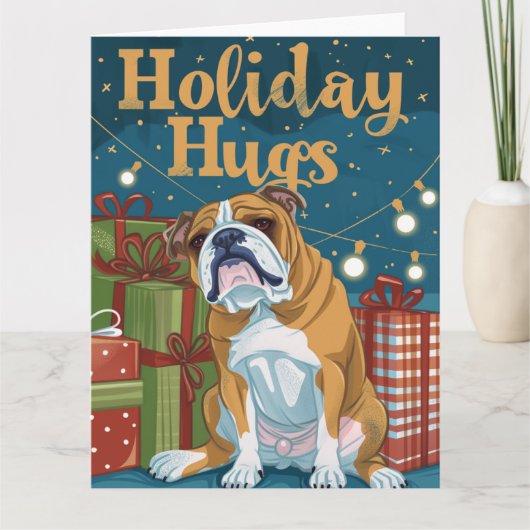 Engelse Bulldog Holiday Knuffels Lichten Kaart (Voorkant)
