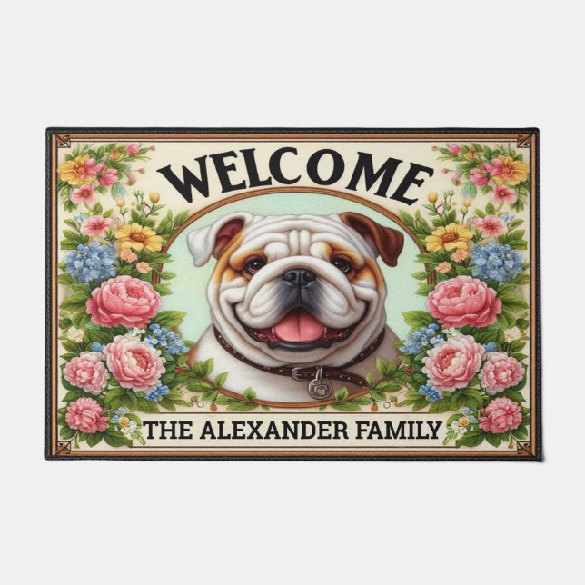 Engelse Bulldog Home Sweet, Floral ingelijst Welko Deurmat (Voorkant)
