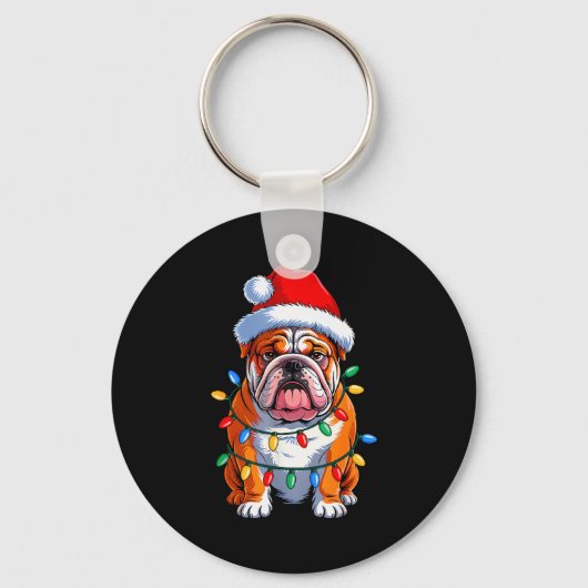 Engelse Bulldog Hond Kerstverlichting Kerstman Hoe Sleutelhanger (Voorkant)