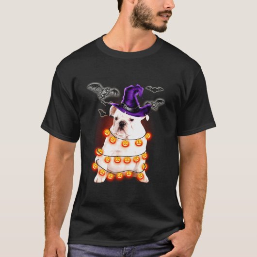 Engelse Bulldog hond licht pompoen grappige hallow T-shirt (Voorkant)