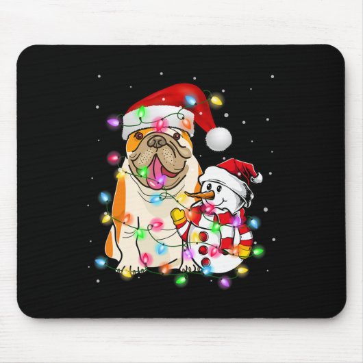 Engelse Bulldog hond sneeuwman Santa Hat Lights Muismat (Voorkant)