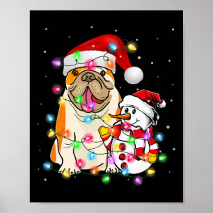 Engelse Bulldog hond sneeuwman Santa Hat Lights Poster
