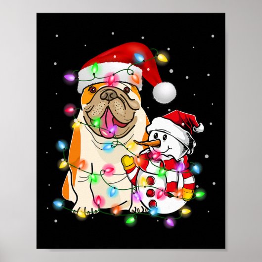 Engelse Bulldog hond sneeuwman Santa Hat Lights Poster (Voorkant)