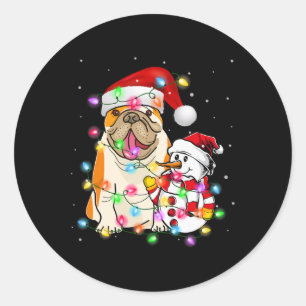 Engelse Bulldog hond sneeuwman Santa Hat Lights Ronde Sticker