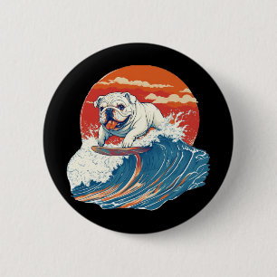 Engelse Bulldog Hond Surfen Surfer Ronde Button 5,7 Cm