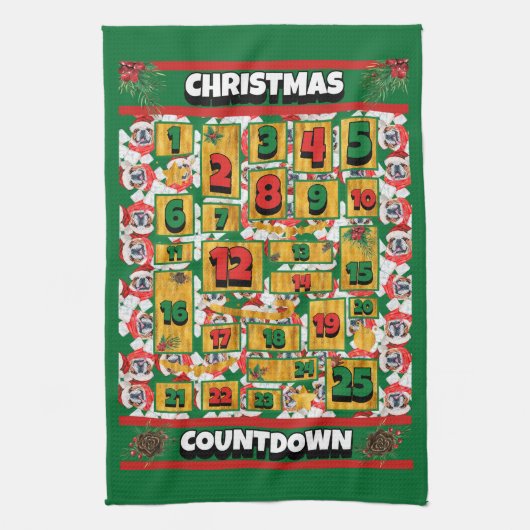 Engelse Bulldog Honden Countdown Kerst Advent Theedoek (Verticaal)