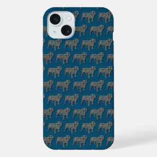 Engelse Bulldog Honden Silhouet Raster Blauw iPhone 15 Plus Case