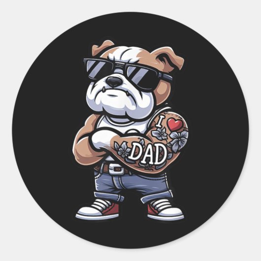 Engelse Bulldog I Love Dad Funny Dog Tattoo Ronde Sticker (Voorkant)