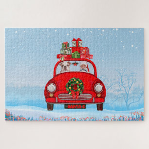 Engelse Bulldog In Auto Met Kerstman Legpuzzel