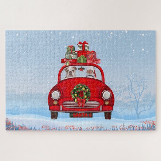 Engelse Bulldog In Auto Met Kerstman Legpuzzel (Horizontaal)