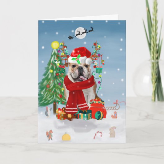 Engelse Bulldog in de sneeuw met kerstcadeaus  Kaart (Voorkant)