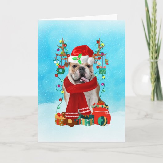 Engelse Bulldog in de sneeuw met Kerstcadeaus Kaart (Voorkant)