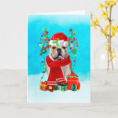 Engelse Bulldog in de sneeuw met Kerstcadeaus Kaart (Gele Bloem)