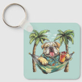 Engelse Bulldog in Hawaiaanse Top Sleutelhanger (Voorkant)