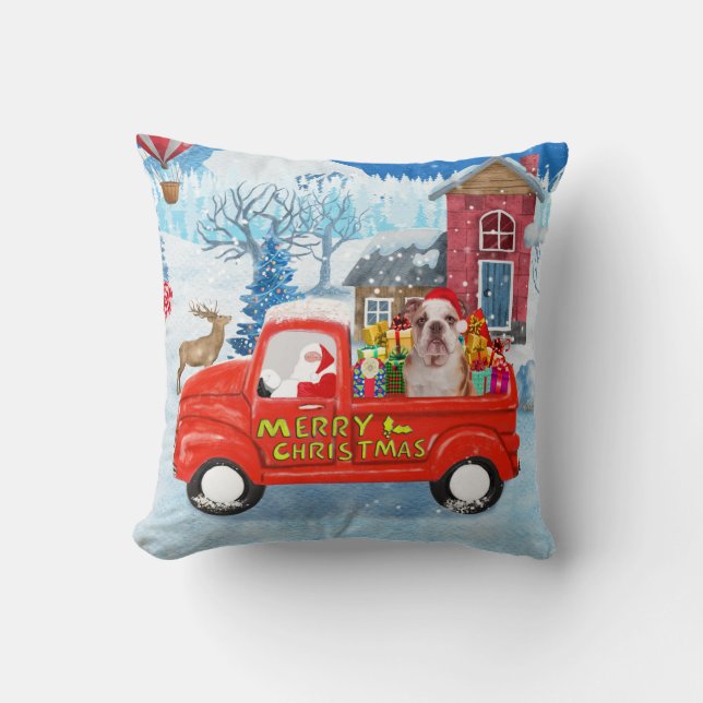 Engelse Bulldog in Kerst Bezorgtruck Sneeuw Kussen (Voorkant)