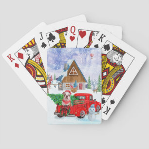 Engelse Bulldog in Kerstbezorgingswagen Sneeuw Pokerkaarten