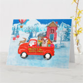 Engelse Bulldog in Kerstbezorgwagen Sneeuw Kaart (Gele Bloem)