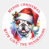 Engelse Bulldog in Santa Hat gepersonaliseerd Ronde Sticker (Voorkant)