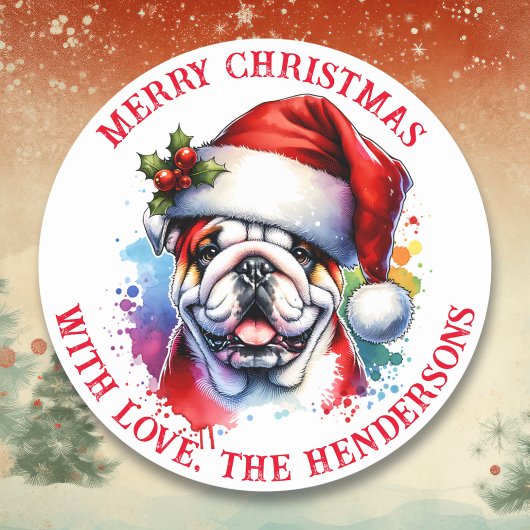 Engelse Bulldog in Santa Hat gepersonaliseerd Ronde Sticker
