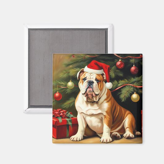 Engelse Bulldog in Santa hat, Magneet (Voorkant / Achterkant)