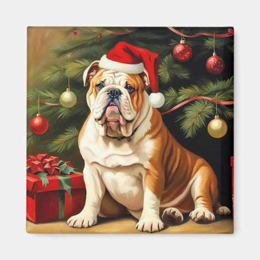 Engelse Bulldog in Santa hat, Magneet (Voorkant)