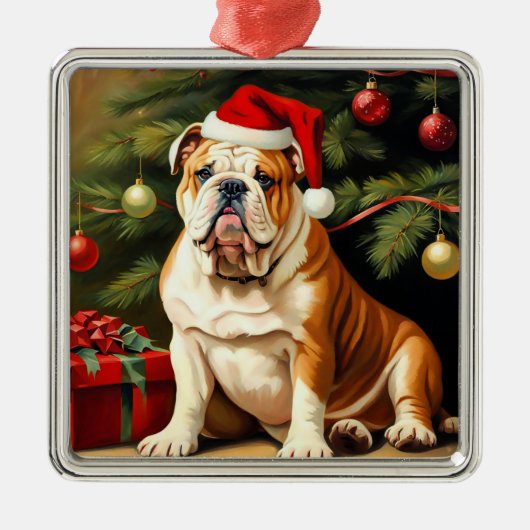Engelse Bulldog in Santa hat, Metalen Ornament (Voorkant)