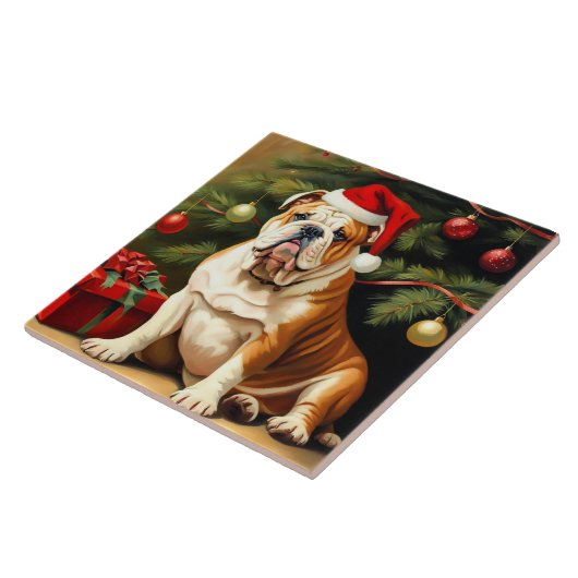 Engelse Bulldog in Santa hat, Tegeltje (Zijkant)