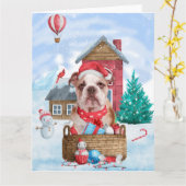 Engelse Bulldog in sneeuw Kersthondenhok Kaart (Gele Bloem)