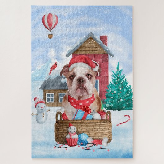 Engelse Bulldog In sneeuw Kerstmis Hondenhok Legpuzzel (Verticaal)