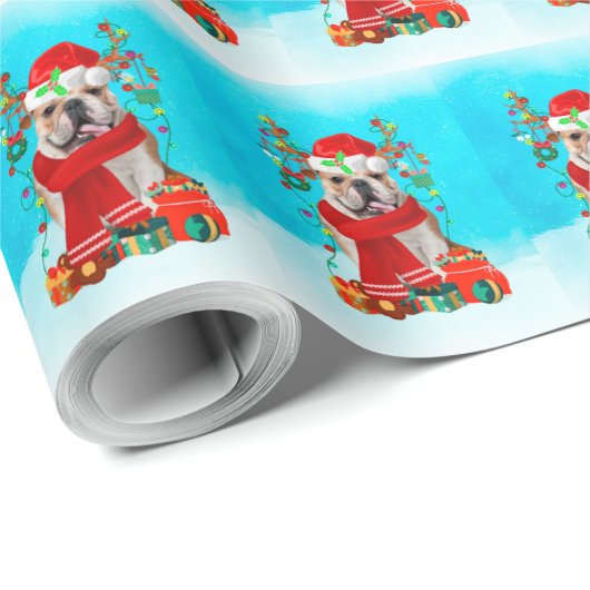 Engelse Bulldog in sneeuw met kerstcadeaus Cadeaupapier (Rol Hoek)
