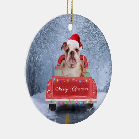 Engelse Bulldog in Snow, die met Kerstmis rondloop Keramisch Ornament (Rechts)