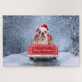 Engelse Bulldog in Snow, die met Kerstmis rondloop Legpuzzel (Horizontaal)