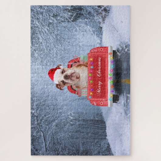 Engelse Bulldog in Snow, die met Kerstmis rondloop Legpuzzel (Verticaal)