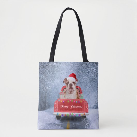 Engelse Bulldog in Snow, die met Kerstmis rondloop Tote Bag (Voorkant)
