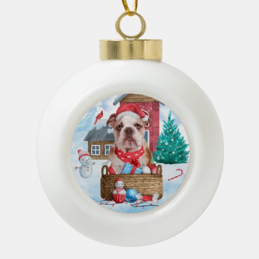 Engelse Bulldog in snow-kersthondenhuis Keramische Bal Ornament (Voorkant)
