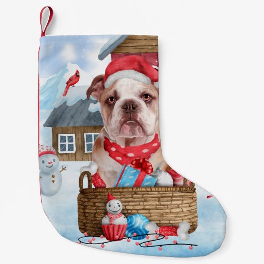 Engelse Bulldog in snow-kersthondenhuis Kleine Kerstsok (Voorkant)