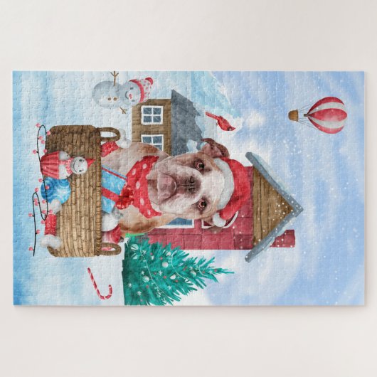Engelse Bulldog in snow-kersthondenhuis Legpuzzel (Horizontaal)