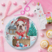 Engelse Bulldog in snow-kersthondenhuis Papieren Bordje (Feest)