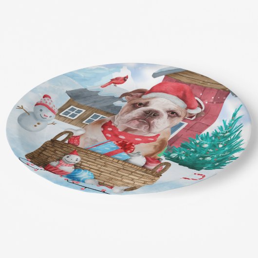 Engelse Bulldog in snow-kersthondenhuis Papieren Bordje (Gekanteld)