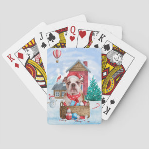 Engelse Bulldog in snow-kersthondenhuis Pokerkaarten