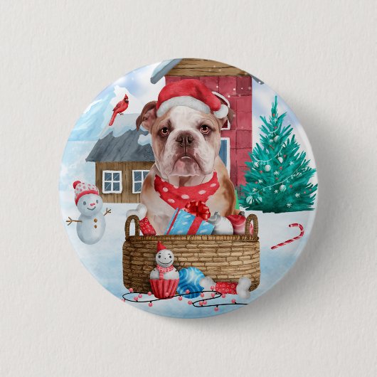 Engelse Bulldog in snow-kersthondenhuis Ronde Button 5,7 Cm (Voorkant)