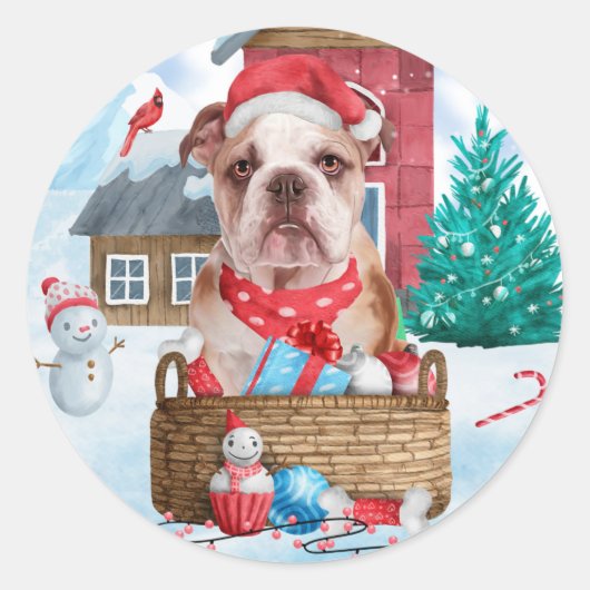 Engelse Bulldog in snow-kersthondenhuis Ronde Sticker (Voorkant)