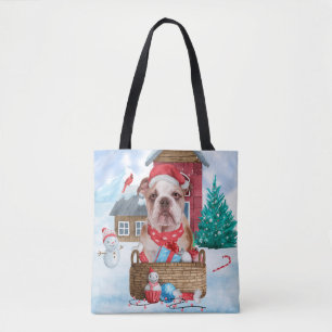 Engelse Bulldog in snow-kersthondenhuis Tote Bag