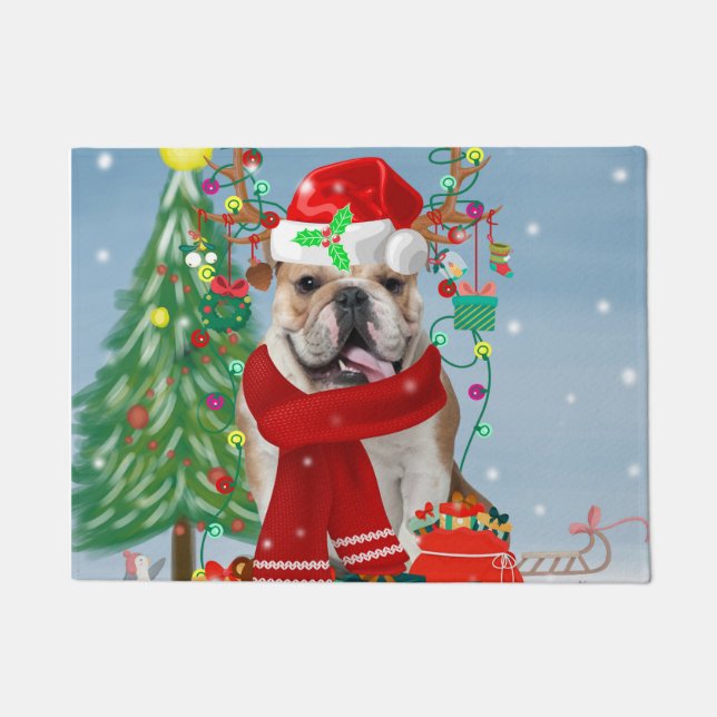 Engelse Bulldog in Snow met kerstcadeaus Deurmat (Voorkant)