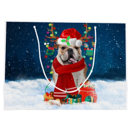 Engelse Bulldog in Snow met kerstcadeaus Groot Cadeauzakje (Achterkant)