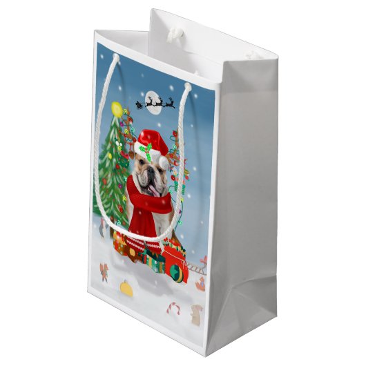 Engelse Bulldog in Snow met kerstcadeaus Klein Cadeauzakje (Achterkant Gekanteld)