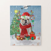 Engelse Bulldog in Snow met kerstcadeaus Legpuzzel (Verticaal)